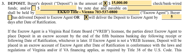 Deposit paragraph of Vienna real estate contract